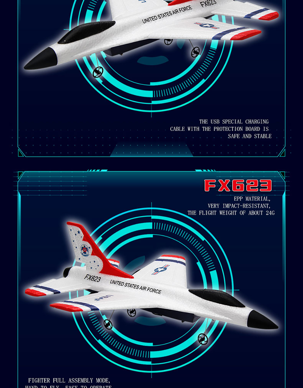 Flybear FX623 F-16 Thunderbirds 250mm Wingspan 2.4GHz 2CH Built-in Gyro 360° Rotation EPP RC Airplane Glider Fighter Jet RTF for Beginners