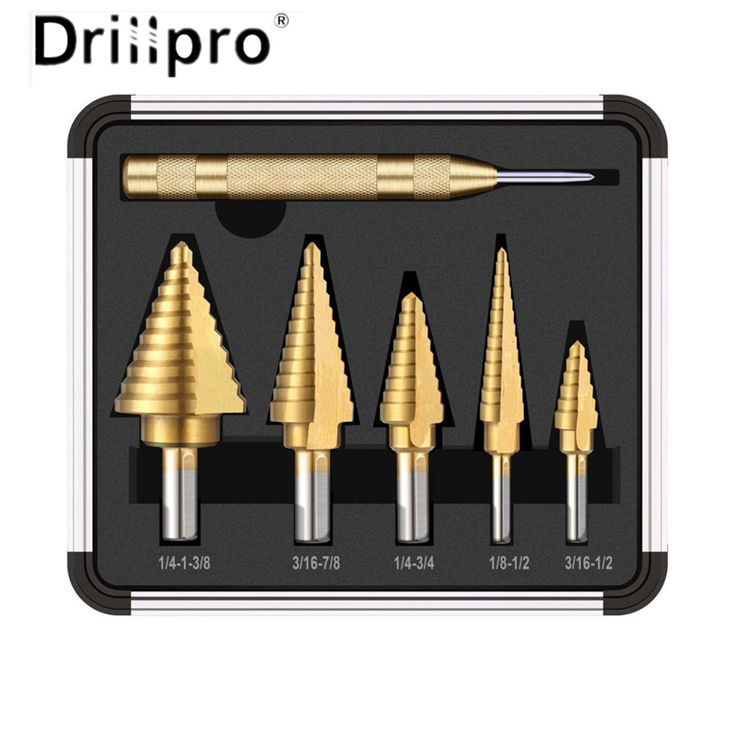 Saldi Il set di 6 pezzi di punte elicoidali Drillpro Premium  Titanium-Coated HSS 4241 con design centrato ideali per lavorare il legno e  per migliorare la tua casa. Scatola assortita (da 1/8