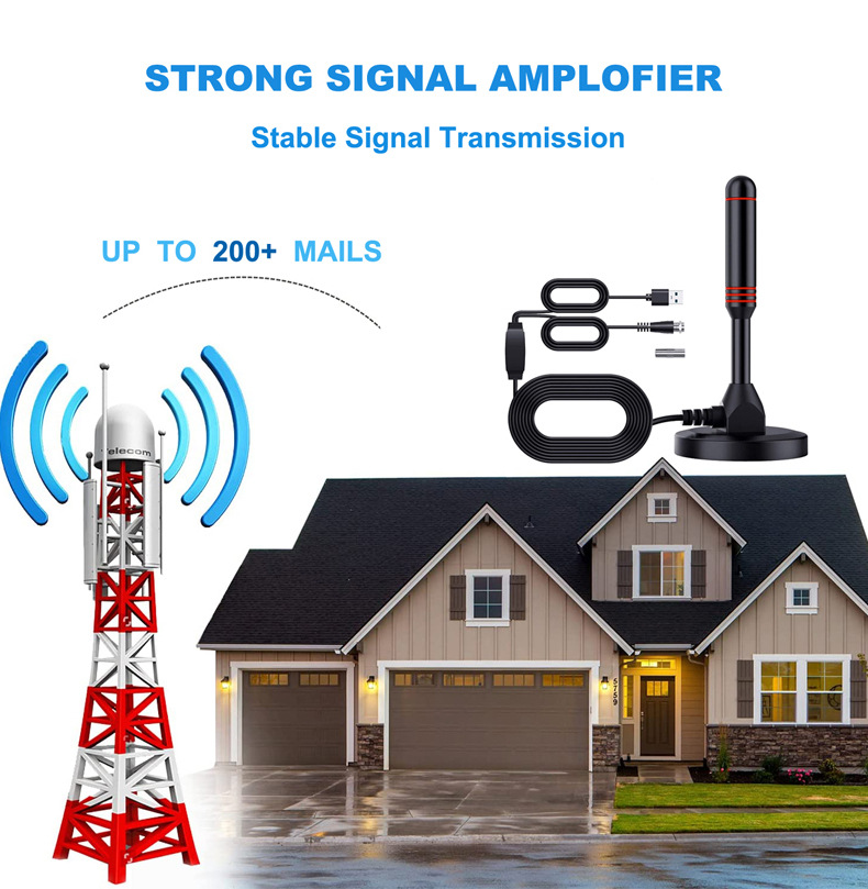 ARINST 200 Miles Indoor Digital TV Antenna with VHF/UHF Amplifier and DTMB Car Mount Suction Cup High Definition Reception for Cord Cutters and RV Travelers