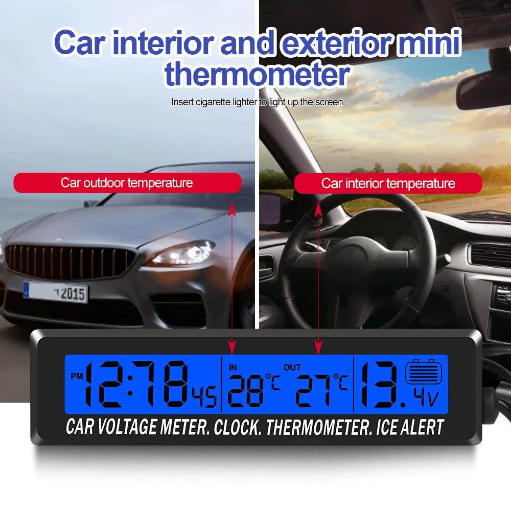 4 In 1 Clock Calendar Thermometer Car Multi-Function Color Screen Voltage  With LCD Time Date Indoor And Outdoor Temperature Display