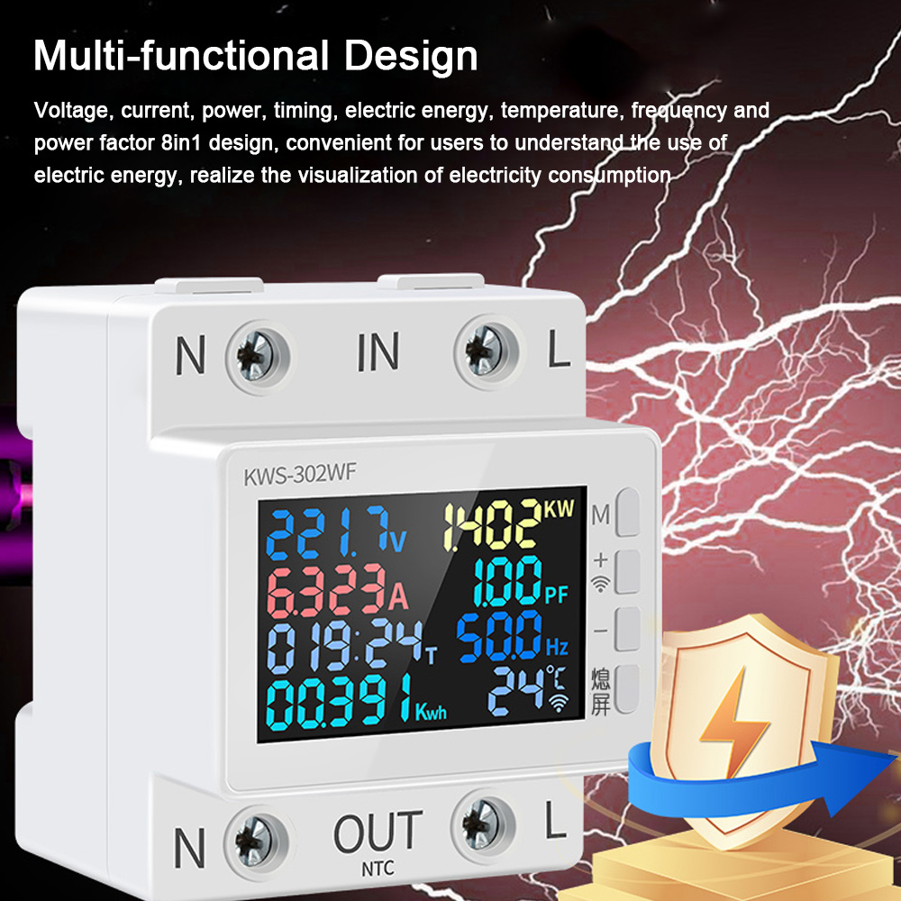 8in1 Power Meter Color Screen 2P Multi-function AC Energy Meter 170-270V/63A Voltage and Current Meter Standard Rail Mounting