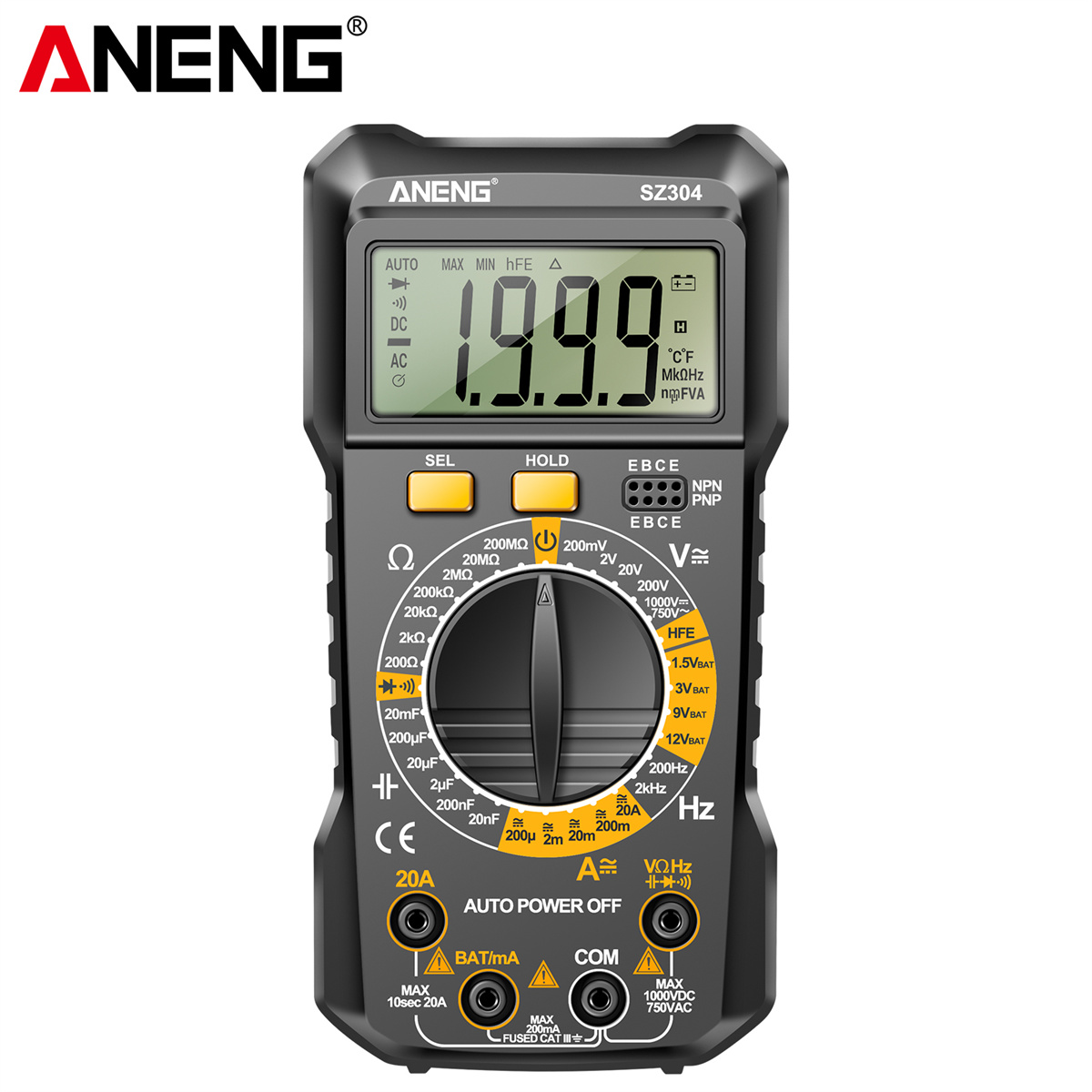 ANENG SZ304 Digital Multimeter, Durable ABS Body, Accurate Measurement of Voltage Current Resistance Capacitance Frequency with Diode Data Retention & Automatic Shutdown Essential Tool for Electrical Testing and Troubleshooting