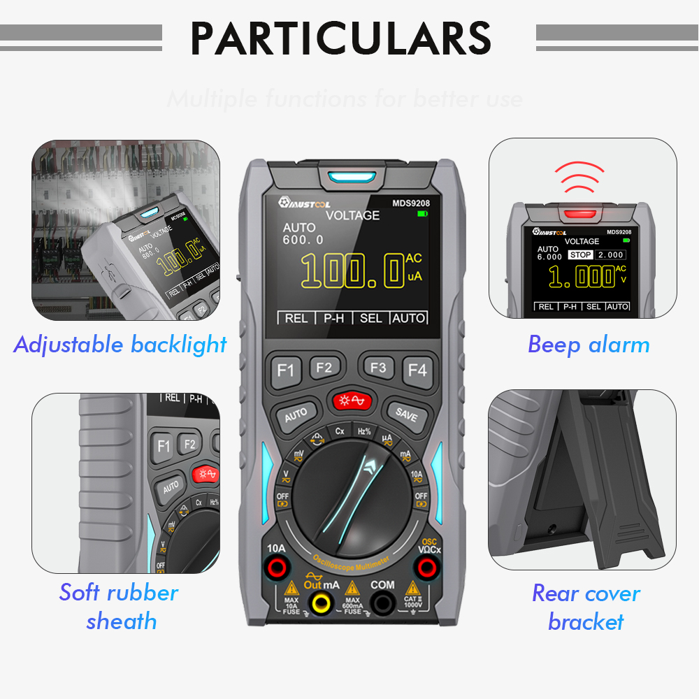 2023NEW MUSTOOL MDS9208 3In1 Oscilloscope Multimeter Signal Generator 12MHz 50Msps Portable High Storage Capacity Low Power Consumption