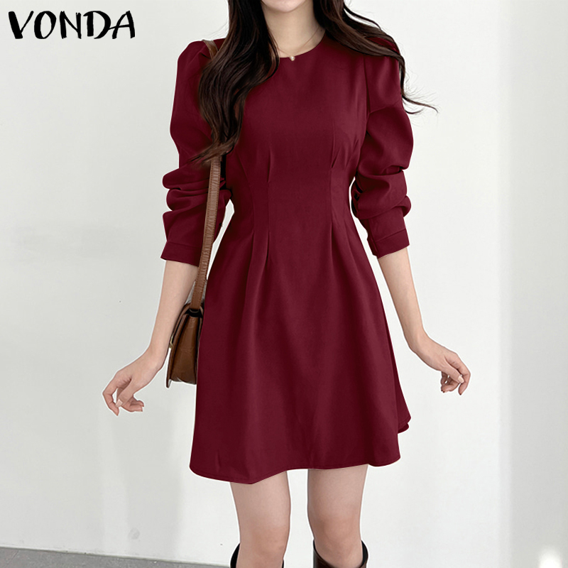 VONDA Women Fashion Long Sleeve O Neck Solid Color High Waist A-line Mini  Dress (Korean Causal) | Lazada PH