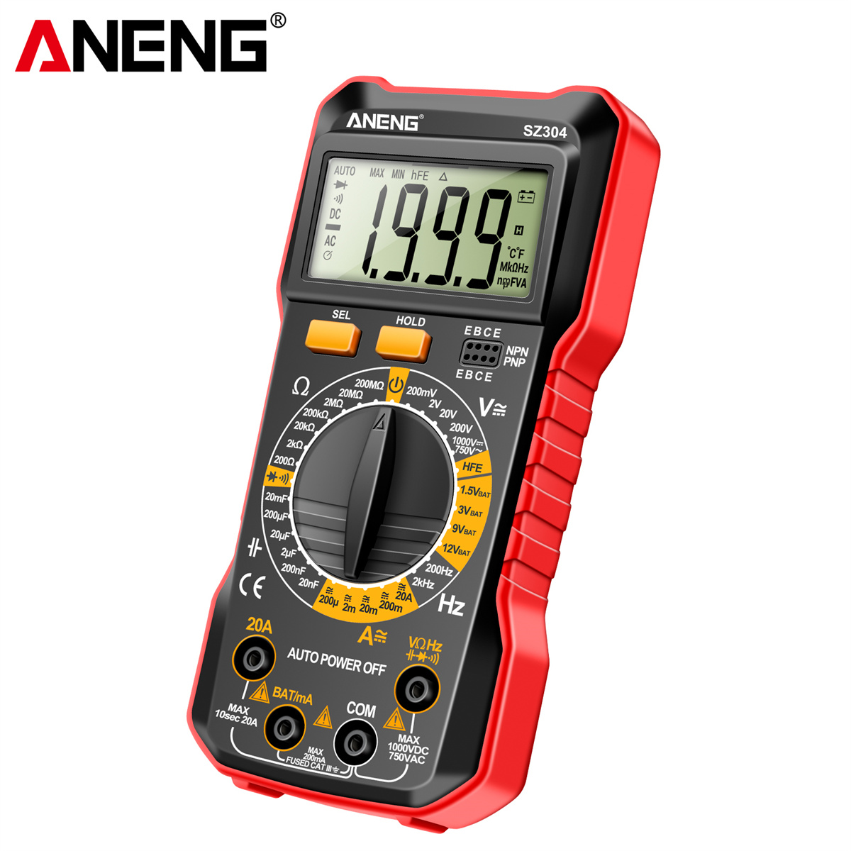 ANENG SZ304 Digital Multimeter, Durable ABS Body, Accurate Measurement of Voltage Current Resistance Capacitance Frequency with Diode Data Retention & Automatic Shutdown Essential Tool for Electrical Testing and Troubleshooting