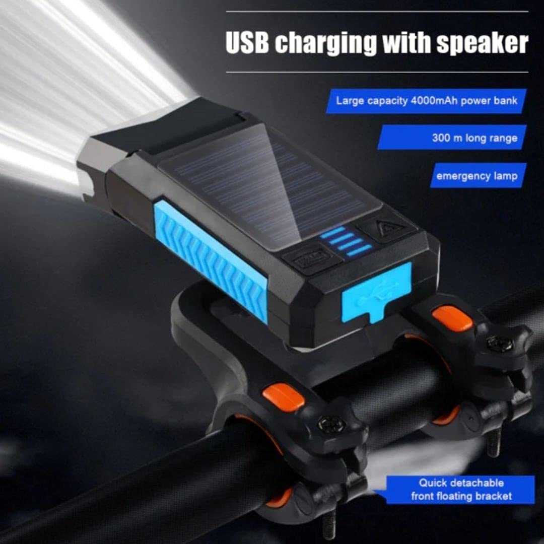 2023 Solar Charging Bike Headlight 400Lm Brightness 300m Distance Range 4000mAh Battery Waterproof 4 Light Modes Warning Flashlight with 130dB Horn for Night Cycling