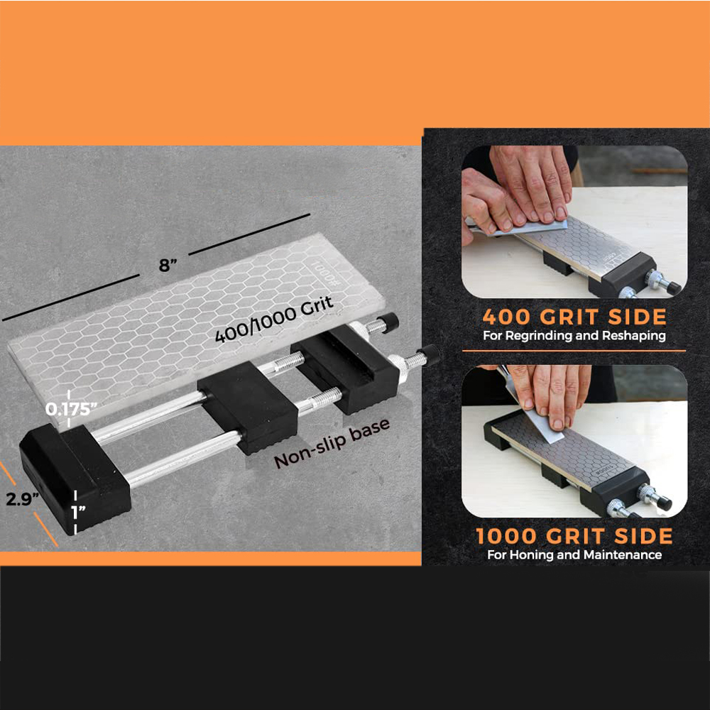 2-Sided 8 Inch 400/1000 Grit Premium Diamond Sharpening Stone Set Fine/Coarse Plate Includes Adjustable Non-Slip Knife Sharpener Holder
