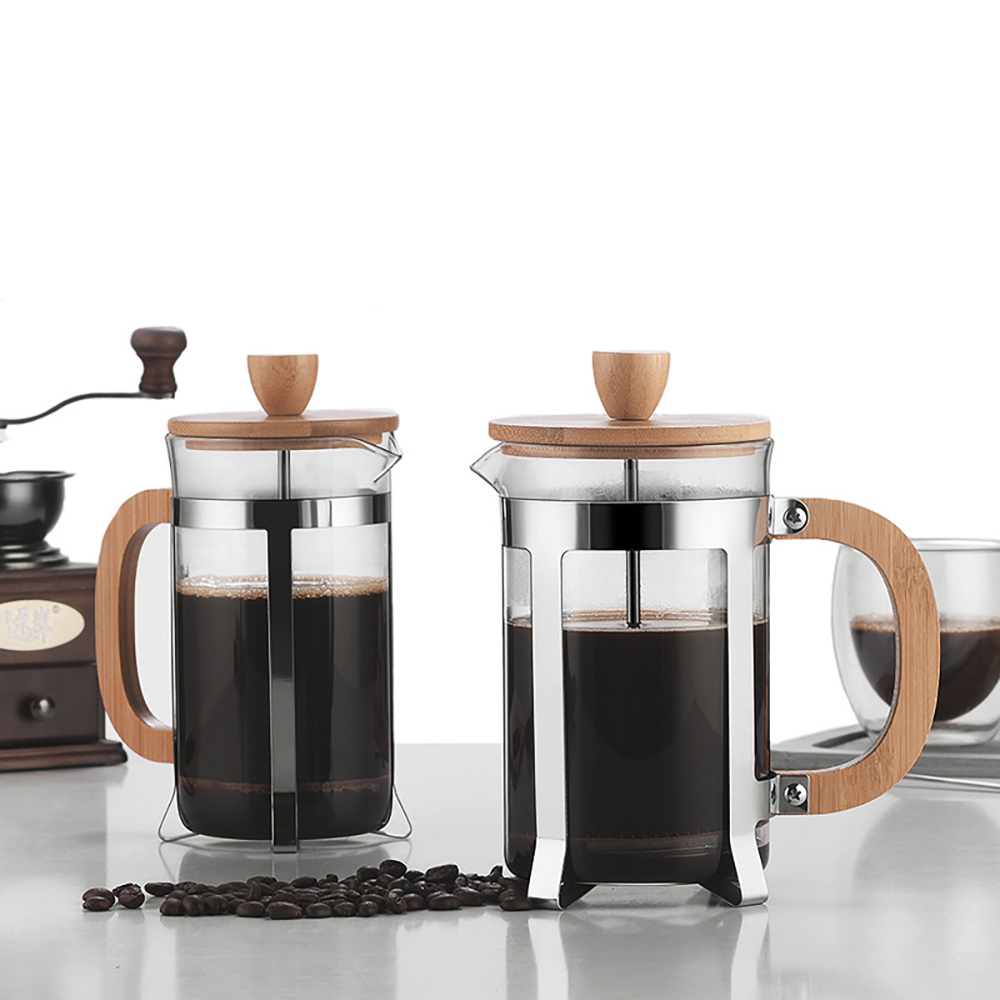 French Coffee Heat-Resistant Filter Presses Coffee Maker Pot Glass Pots Hollow Coffee Tea Teapots with Wooden Handle