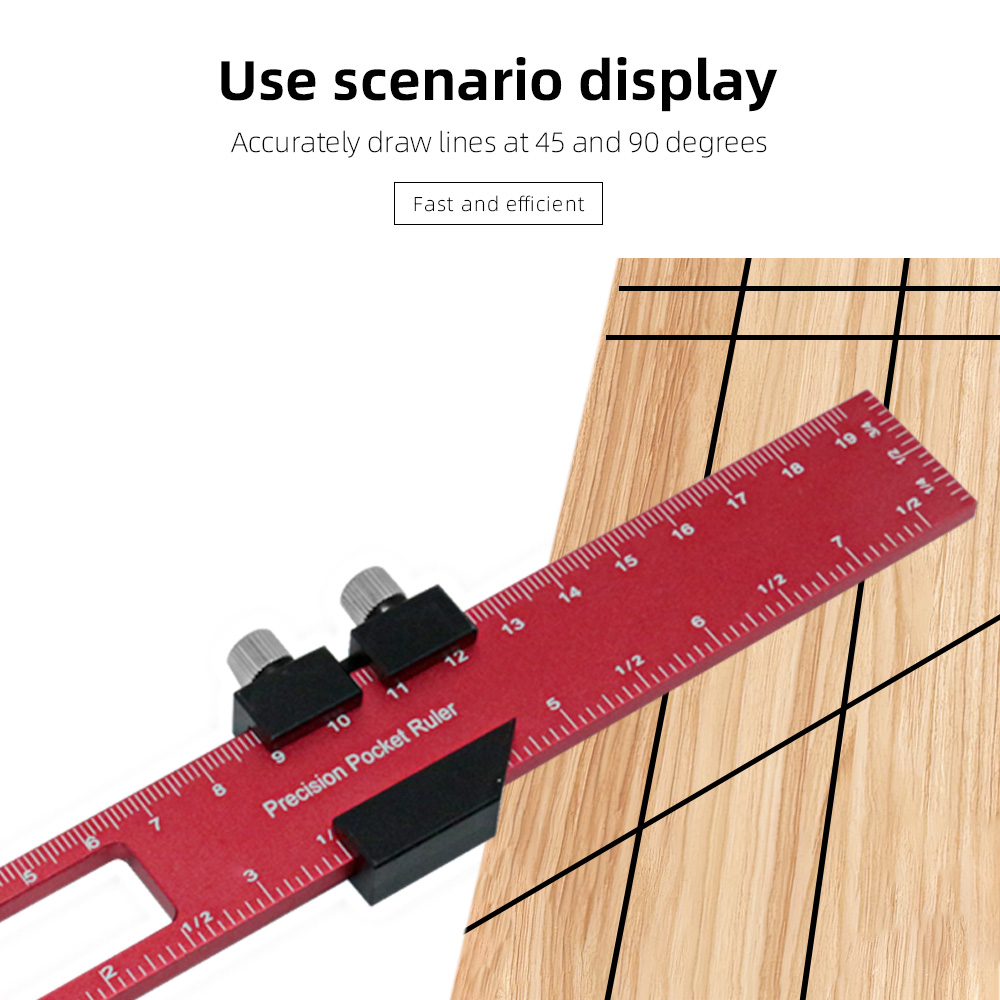 Woodworking Tools Ruler Pocket Ruler Layout Tool Aluminum Precision Ruler with T-Track Slide Stops Inch and Metric Scale