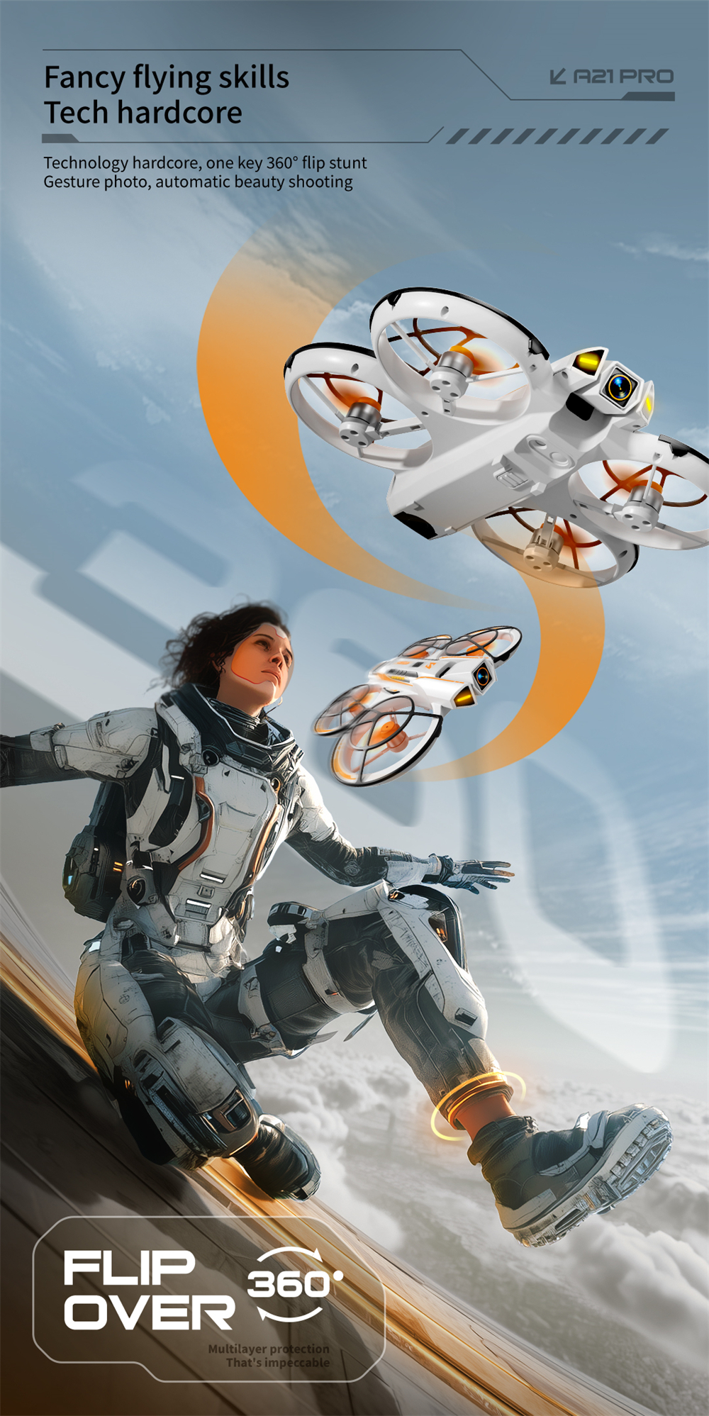 A21 PRO Mechanical Armor Style WiFi FPV with Dual Camera 180° Electrically Adjustable Optical Flow Hover Brushless Circle Fully Enclosed Protection Kids Gifts 2.4G 4CH 6-Axis Remote Control RC Toys Drone Quadcopter RTF