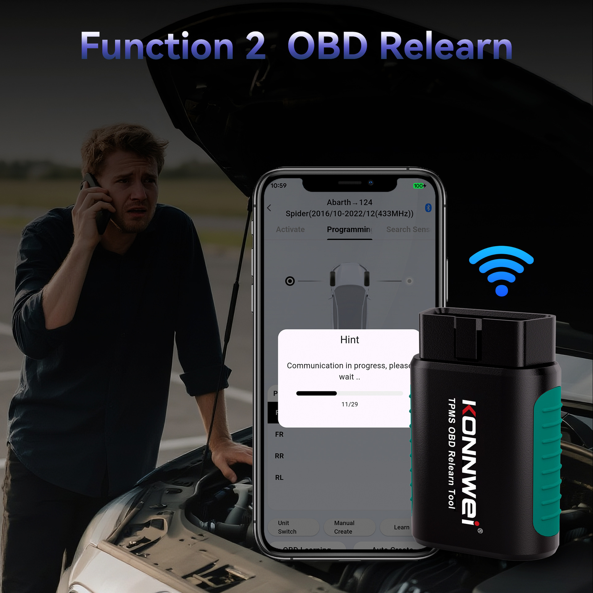 Tpms Sensor Code Reader KONNWEI TK100 TPMS OBD Relearn Tool Wireless Bluetooth Tire Pressure ...
