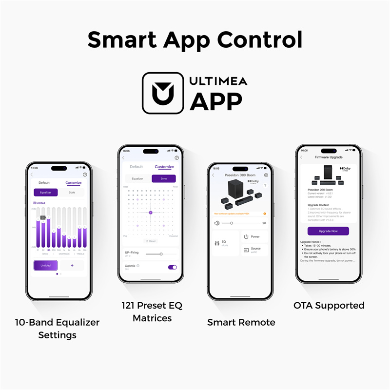 ULTIMEA Poseidon D80 Boom - 客廳裡真正的 7.1 環繞聲? 9 ULTIMEA Poseidon D80 Boom 的控制選項:遙控器和智慧型手機應用程式。