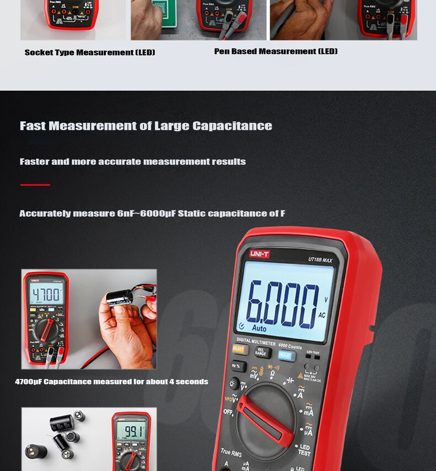 UNI-T UT18B MAX True RMS Digital Multimeters Voltmeter Auto Range Ammeter Frequency Capacitance Tester VFD