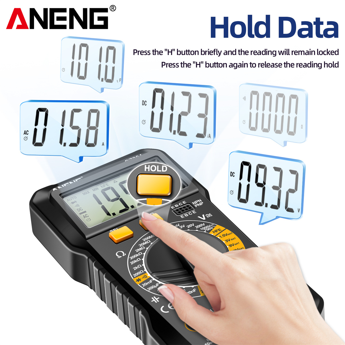 ANENG SZ304 Digital Multimeter, Durable ABS Body, Accurate Measurement of Voltage Current Resistance Capacitance Frequency with Diode Data Retention & Automatic Shutdown Essential Tool for Electrical Testing and Troubleshooting