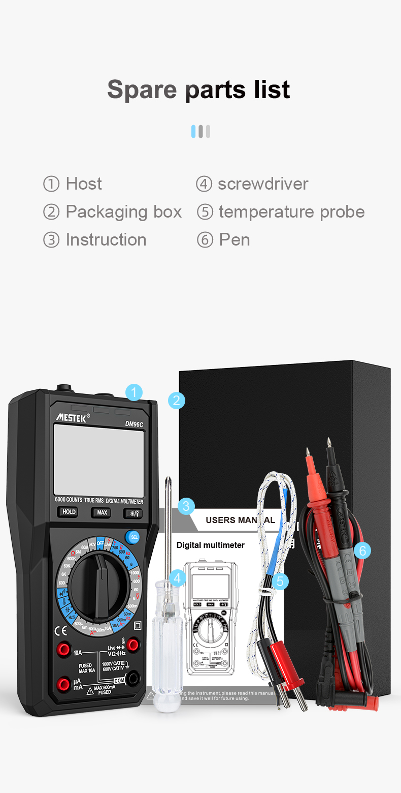 MESTEK TRMS Large Au-to Digital Multimeter Auto Range Fast Accurately Measures Multimetro 1000V 10A AC DC Ohm Hz NCV Live Voltage Meter