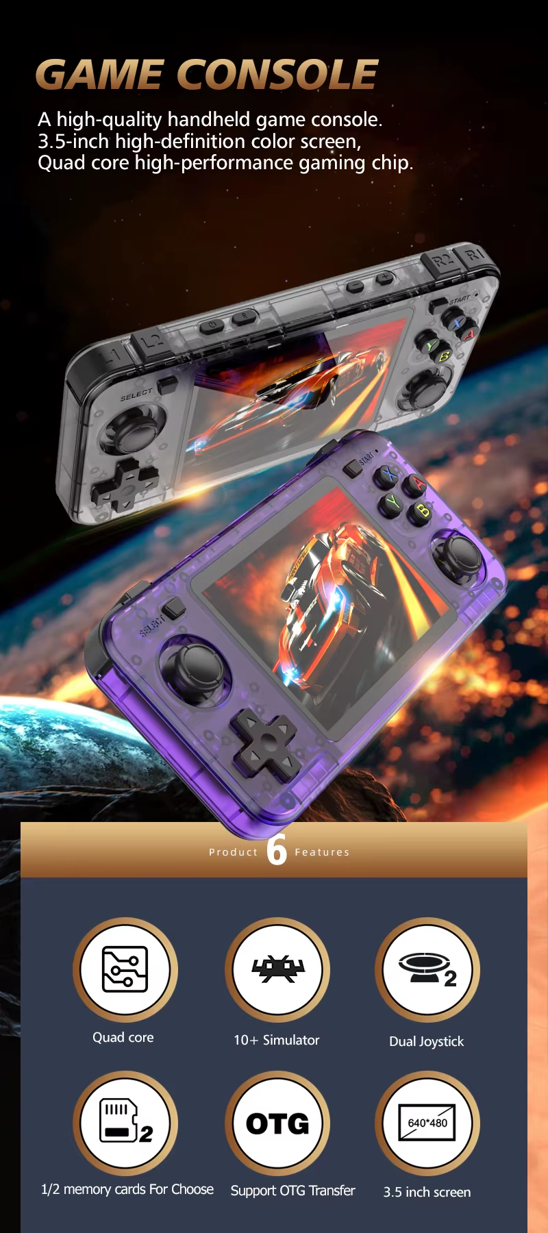 R36H 64GB レトロ携帯ゲームコンソール 3.5インチIPSスクリーン