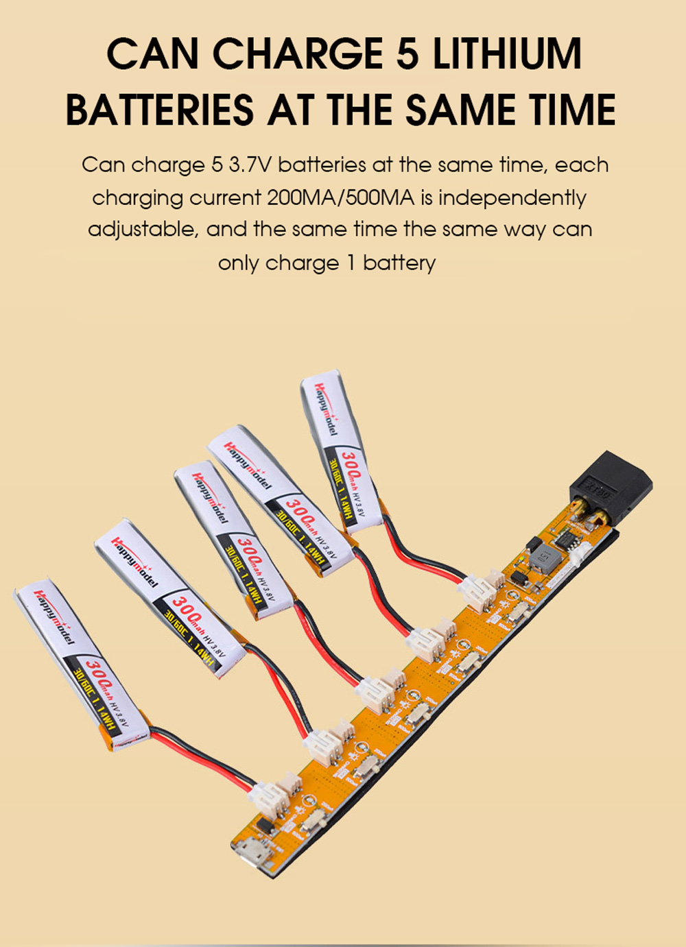 LDARC 1S 3.7V 5-Way USB Charger with XT60 Plug Support 1S Lipo Battery PH2.0 1.25mm Plug for Mobula7 Moblite7 Whoop FPV Racing Drone