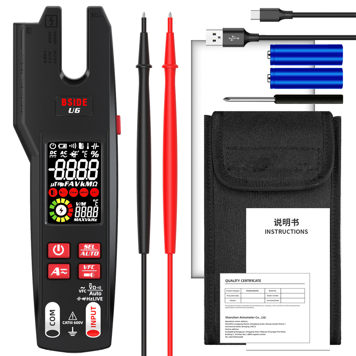 BSIDE U6 Digital Clamp Fork Multimeter AC/DC Voltage Current Tester with Infrared Temperature Measurement & Safety Features