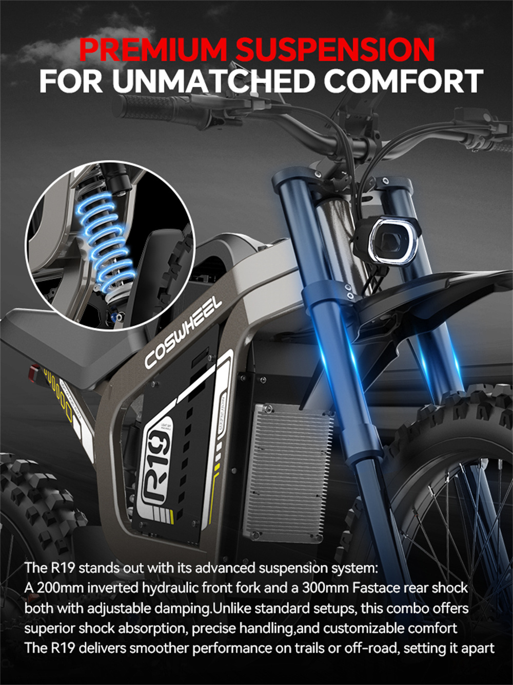 [USA DIRECT] COSWHEEL R19 Electric Bike 72V 40AH 3000W(Peak 6000W) Motor Recommended Top Speed 25KM/H Front Tires: 70/100-19,Rear Tires: 80/100-19 Tire 200KM Max Mileage 120KG Max Load Electric Bicycle