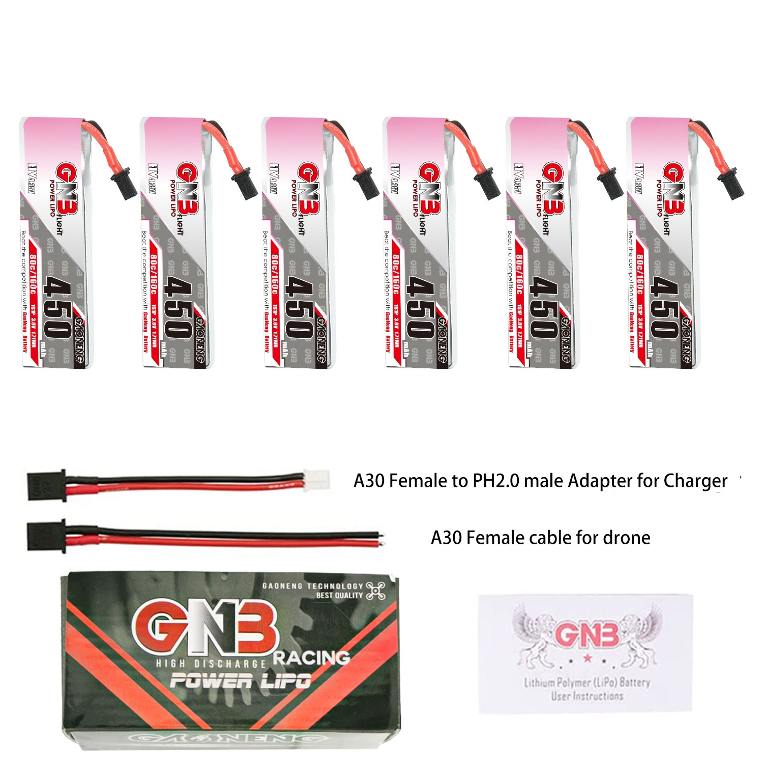 6Pcs Gaoneng 3.8V 450mAh 80C 1S LiHV Battery A30 Plug With Adapter Cable for Emax Tinyhawk S BetaFPV Beta75X