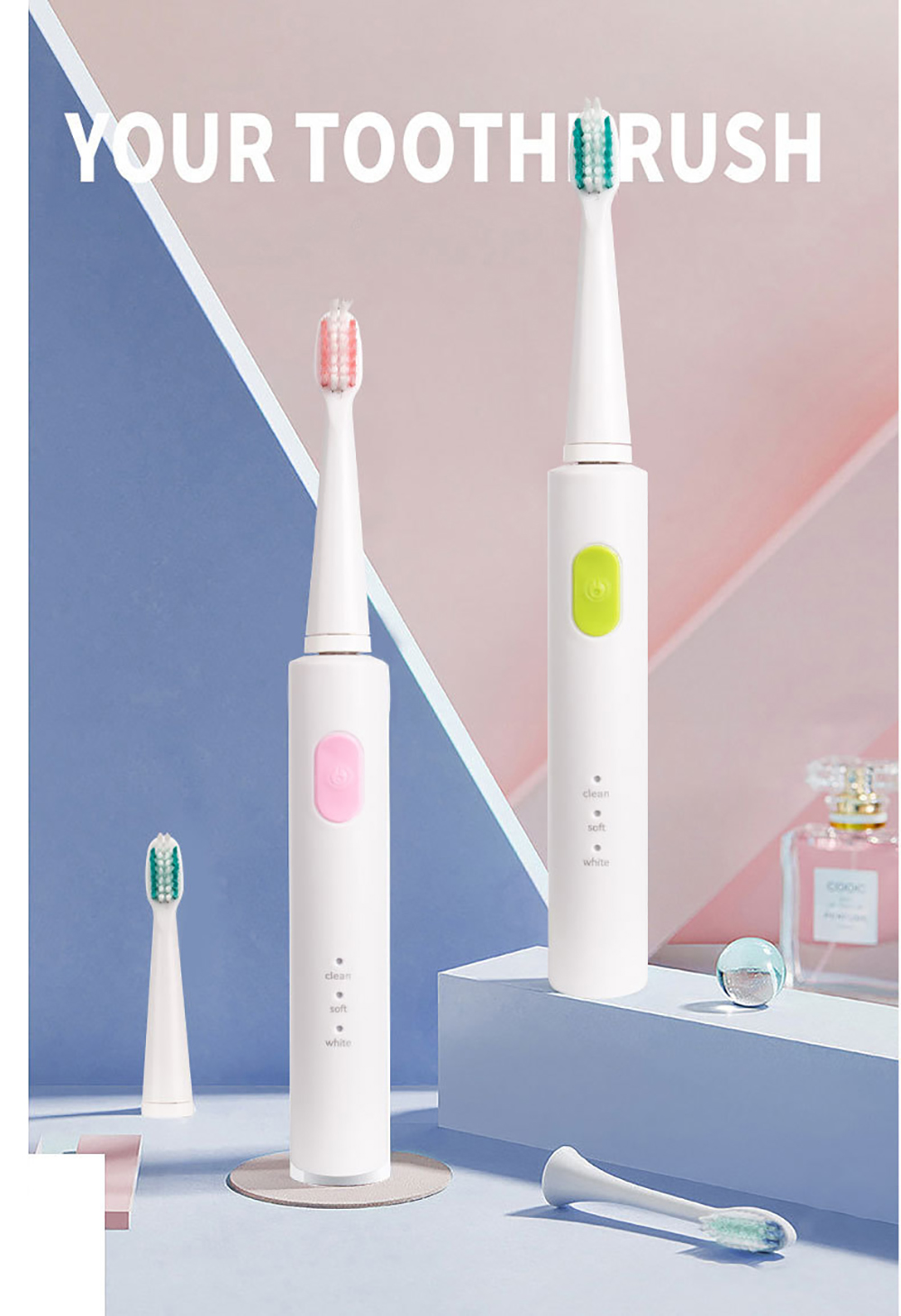 IPX7 Waterproof 3-mode Electric Toothbrush with 3 Brush Heads USB Fast Charging