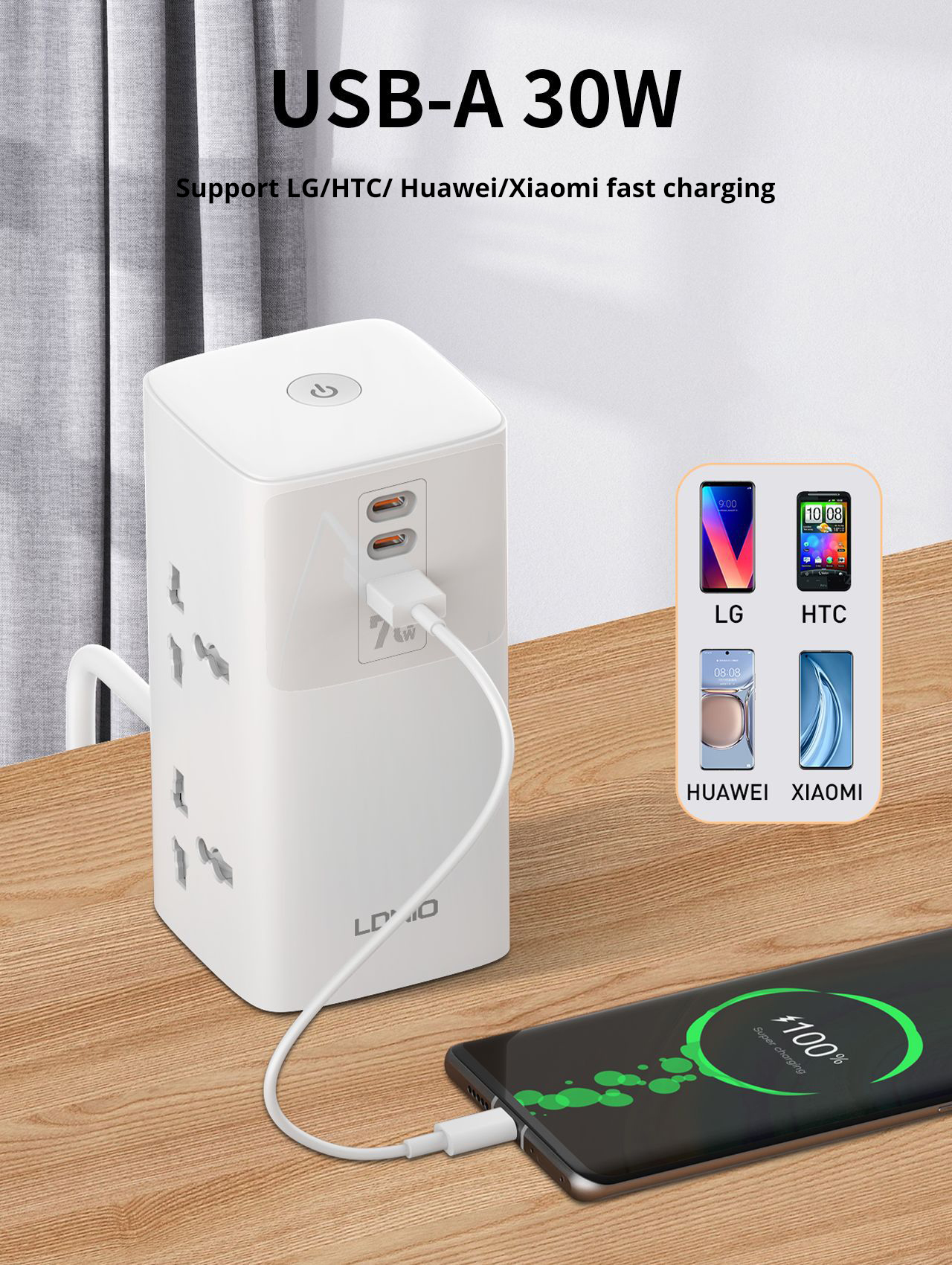 LDNIO SC4383 70W 7-Port USB PD Charger 4 Universal Socket+USB-A+2 USB-C PD QC3.0 PPS SCP Fast Charging Vertical Desktop Charging Station EU Plug US Plug for iPhone 15 14 13 for Huawei Pura70 Ultra for Samsung Galaxy S24 for Macbook Pro