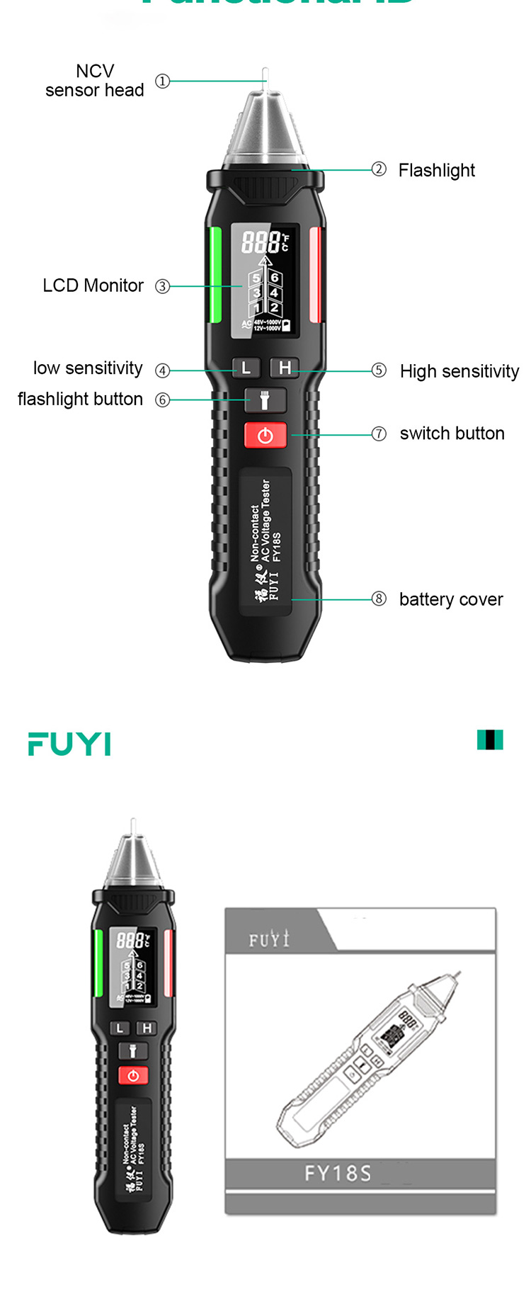 FUYI FY18S Voltage Indicator Tester Voltage Detector Pen Sensor Tester Partition Wall Multifunction Break Voltmeter Tester Electrician Tool