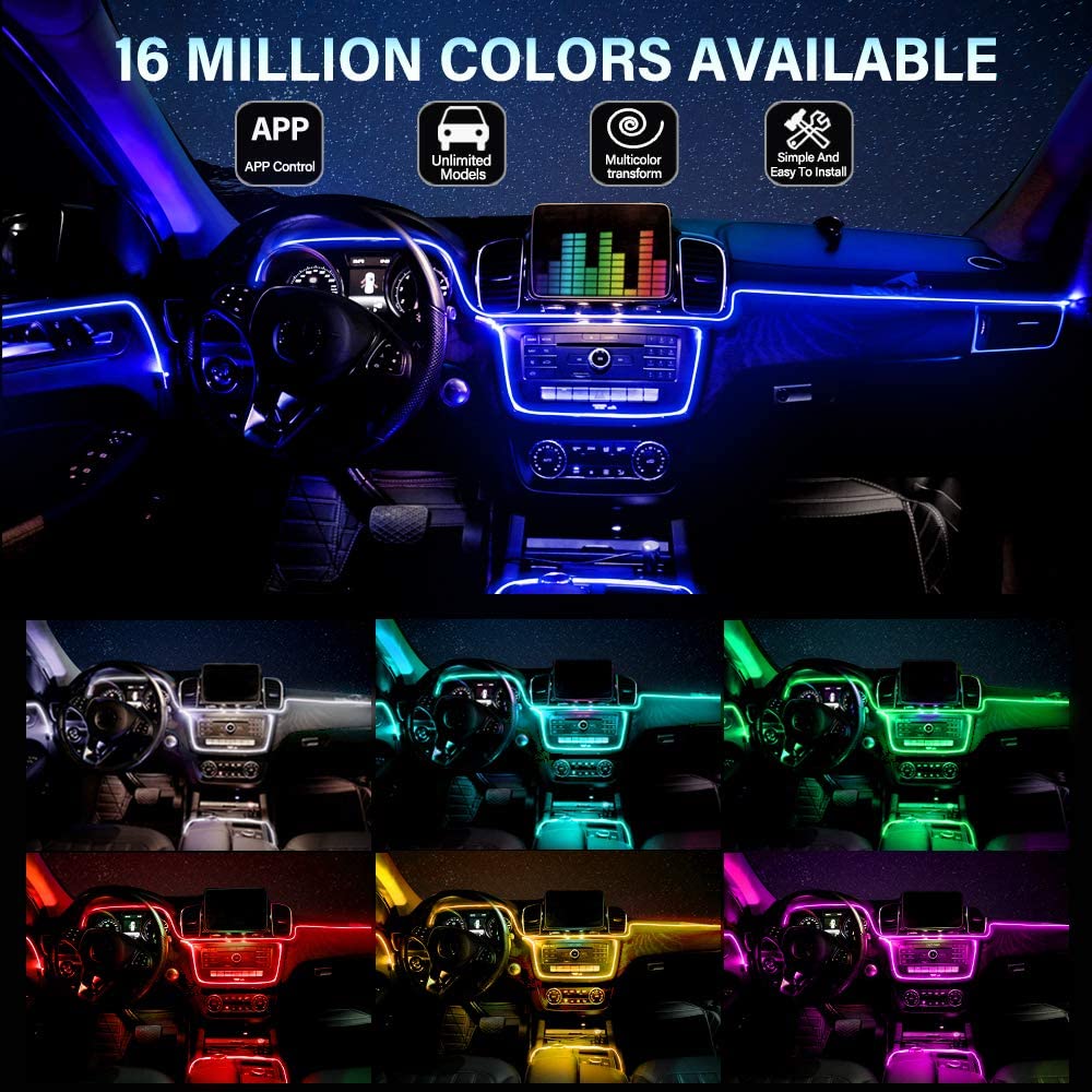 6IN1 8M RGB LED Atmosphere Car Interior Ambient Light Fiber Optic Strips Light by App Control Neon LED Auto Decorative Lamp