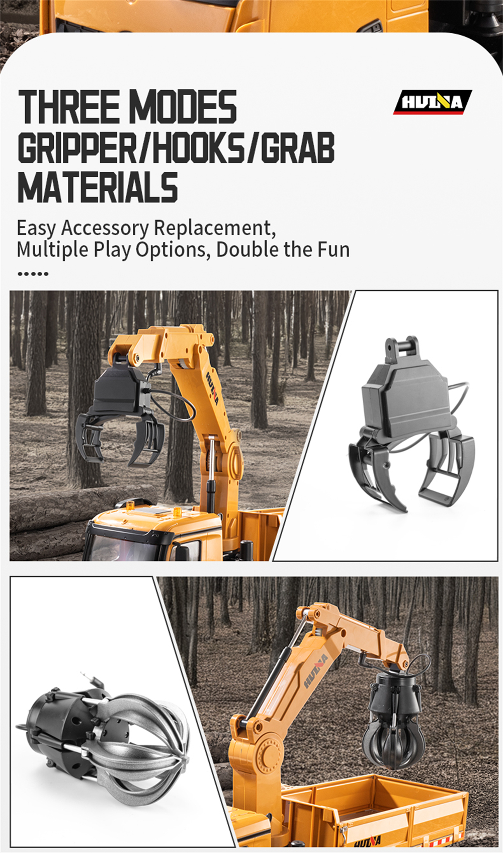 HUINA 1538 1/14 2.4G 26CH Semi-alloy RC Car Grabbing Wood Dump Truck 3-in-1 Vehicle Model RTR