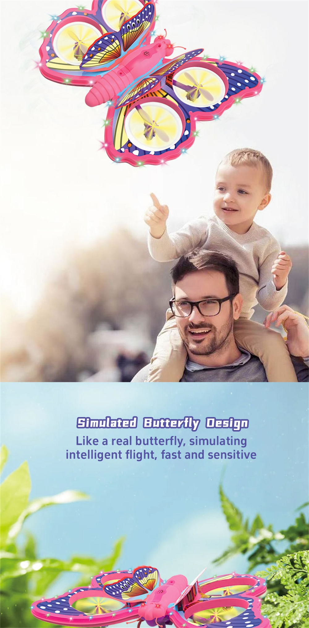E0-25 Flying Glitter Butterflying Intelligent Gravity Sensor Obstacle Altitude Hold Mode 360° Filp Colorful LED Lighting 2.4G 4CH RC Toys Kids Gift Drone Quadcopter RTF