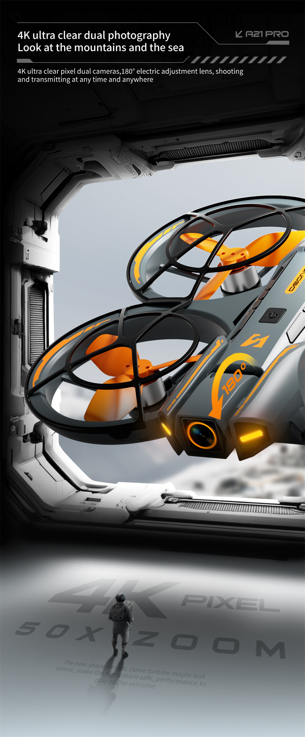A21 PRO Mechanical Armor Style WiFi FPV with Dual Camera 180° Electrically Adjustable Optical Flow Hover Brushless Circle Fully Enclosed Protection Kids Gifts 2.4G 4CH 6-Axis Remote Control RC Toys Drone Quadcopter RTF