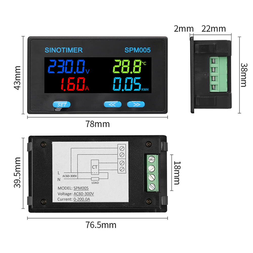 SINOTIMER SPM005 Multifunctional Power Meter High Accuracy LCD Display Measures Voltage Current Temperature Power 32-bit Operation