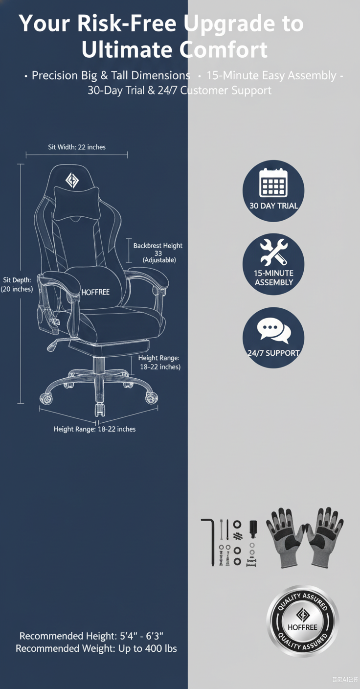 Massage Gaming Chair 400lbs Big and Tall Ergonomic Office Computer Desk Reclining Gamer PC Seat with Footrest Heated Kneading Lumbar Support Wide Cushion High Back PU Leather Hoffree