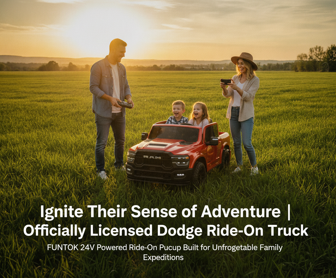 FUNTOK Licensed RAM Kids Ride on Car 24V 2 Seater Electric Pickup Truck 2.4G Remote Control Battery Powered Vehicle LED Lights Bluetooth Music Storage Trunk Toddler Boys Girls Outdoor Gift