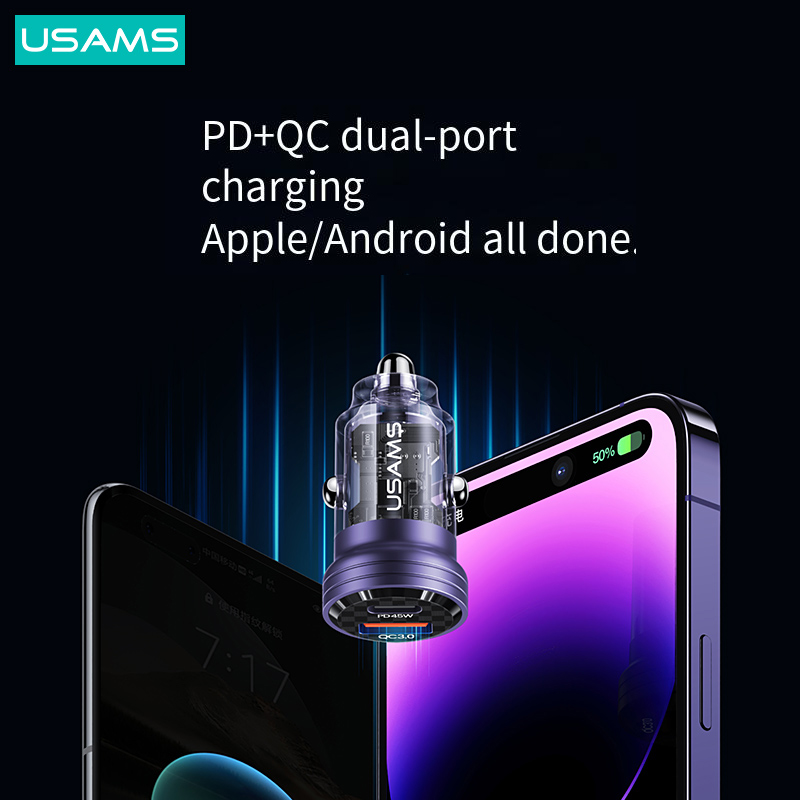 USAMS US-CC175 C35 45W 2-Port USB Car Charger Type-C+USB-A PD3.0 QC3.0 Support AFC FCP SCP PPS Apple2.4 BC 1.2 Fast Charging for iPhone 13 14 14Pro for Huawei Mate50 for Xiaomi 13pro for Oppo Reno9