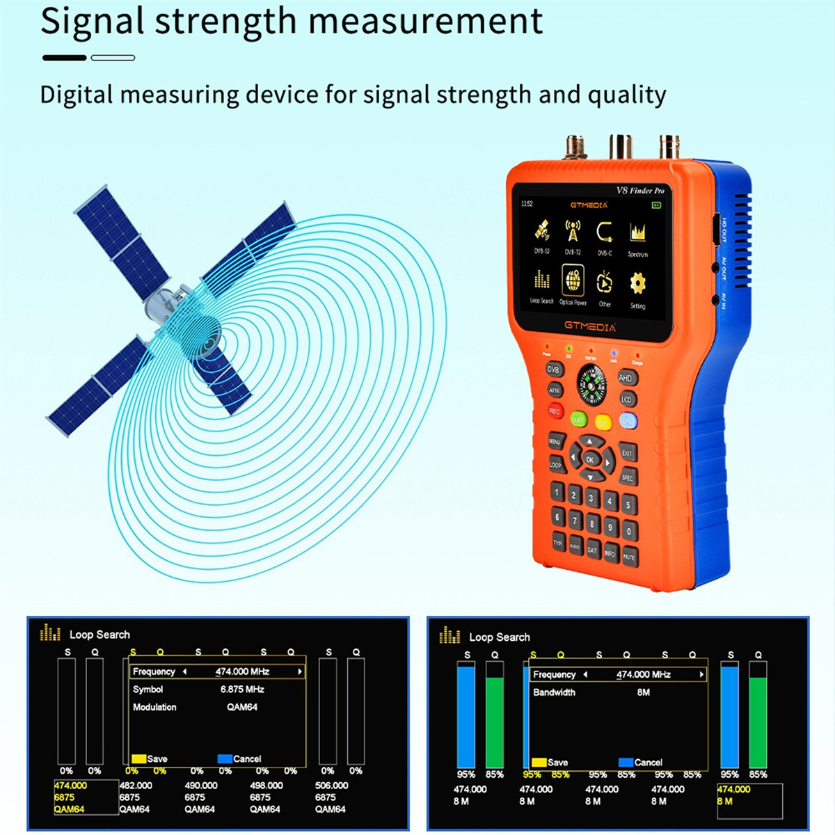 GTMEDIA V8 Finder Pro TV Signal Finder Meter DVB-S/S2/S2X/T/T2/C Signal Receiver 4.3-inch LCD Dispaly H.265 Auto Calculate Angle 4000mAh Battery