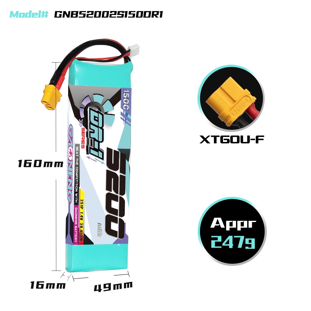 Gaoneng 7.4V 5200mAh 150C 2S LiPo Battery XT60 Plug/T Plug for 1/8 1/10 RC Cars