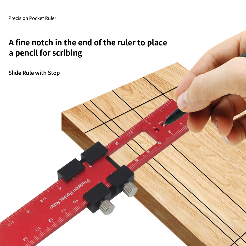 Woodworking Tools Ruler Pocket Ruler Layout Tool Aluminum Precision Ruler with T-Track Slide Stops Inch and Metric Scale