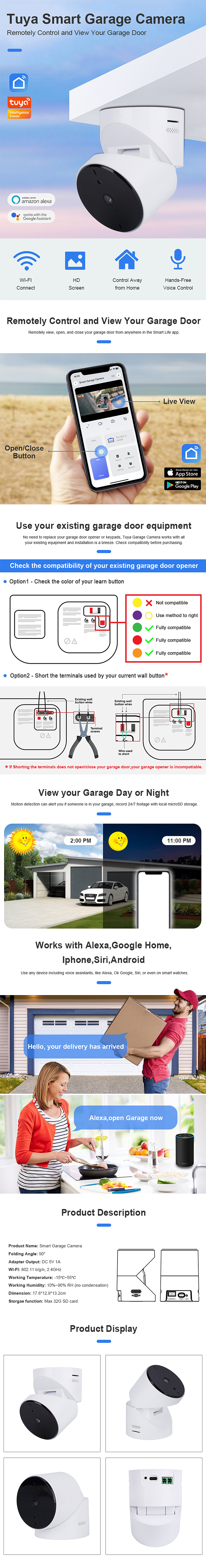 Tuya WiFi Smart Garage Camera Wireless Remote Garage Door Opener Monitor Message Alert Night Vision Voice Work with Alexa Google Home