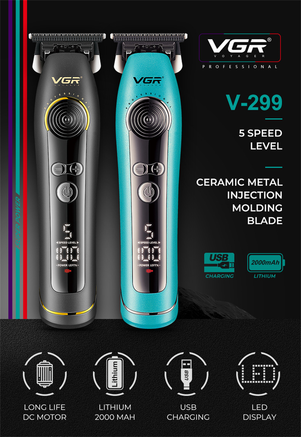 VGR V299 Professional Hair Trimmer 2000mAh Lithium Battery Ceramic