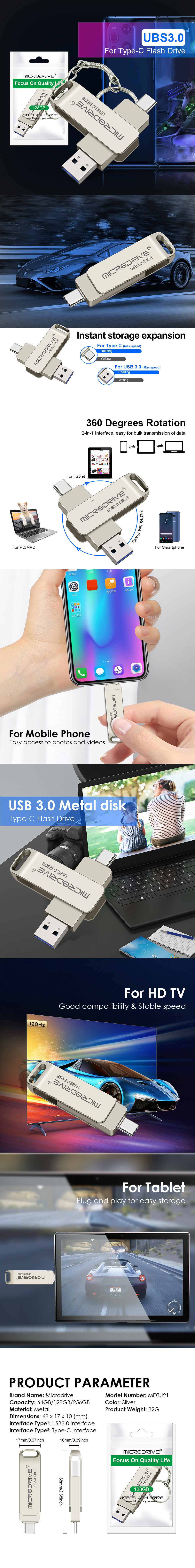 Microdrive MDTU21 256GB USB3.0&USB-C Flash Drive High Speed Dual-interface Mini Portable Memory U Disk for Phone TV Tablet