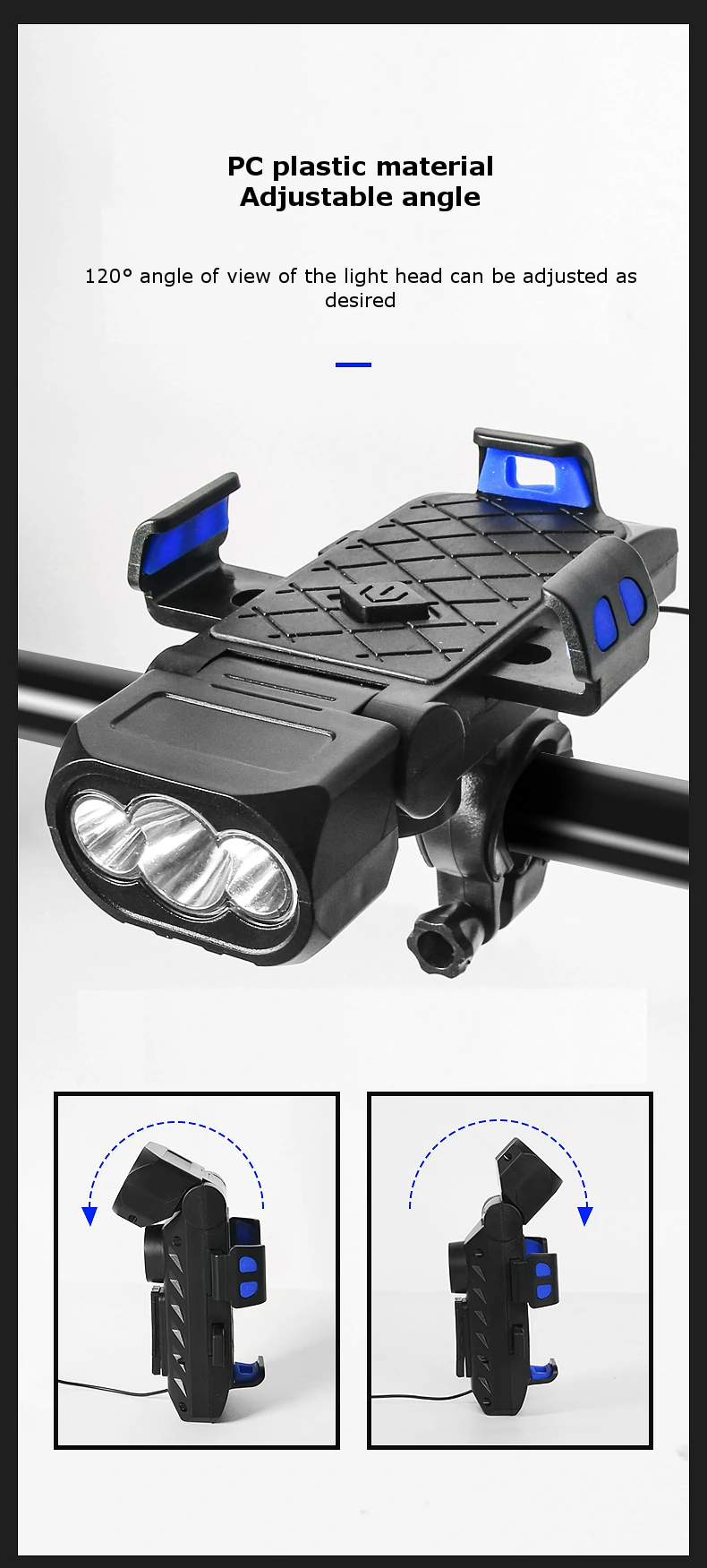 4 in 1 500Lm Brightness Bike Headlight 3000mAh Battery IPX6 Waterproof 3 Light Modes 120° Rotation Power Bank Phone Holder with 130db Horn for Night Cycling