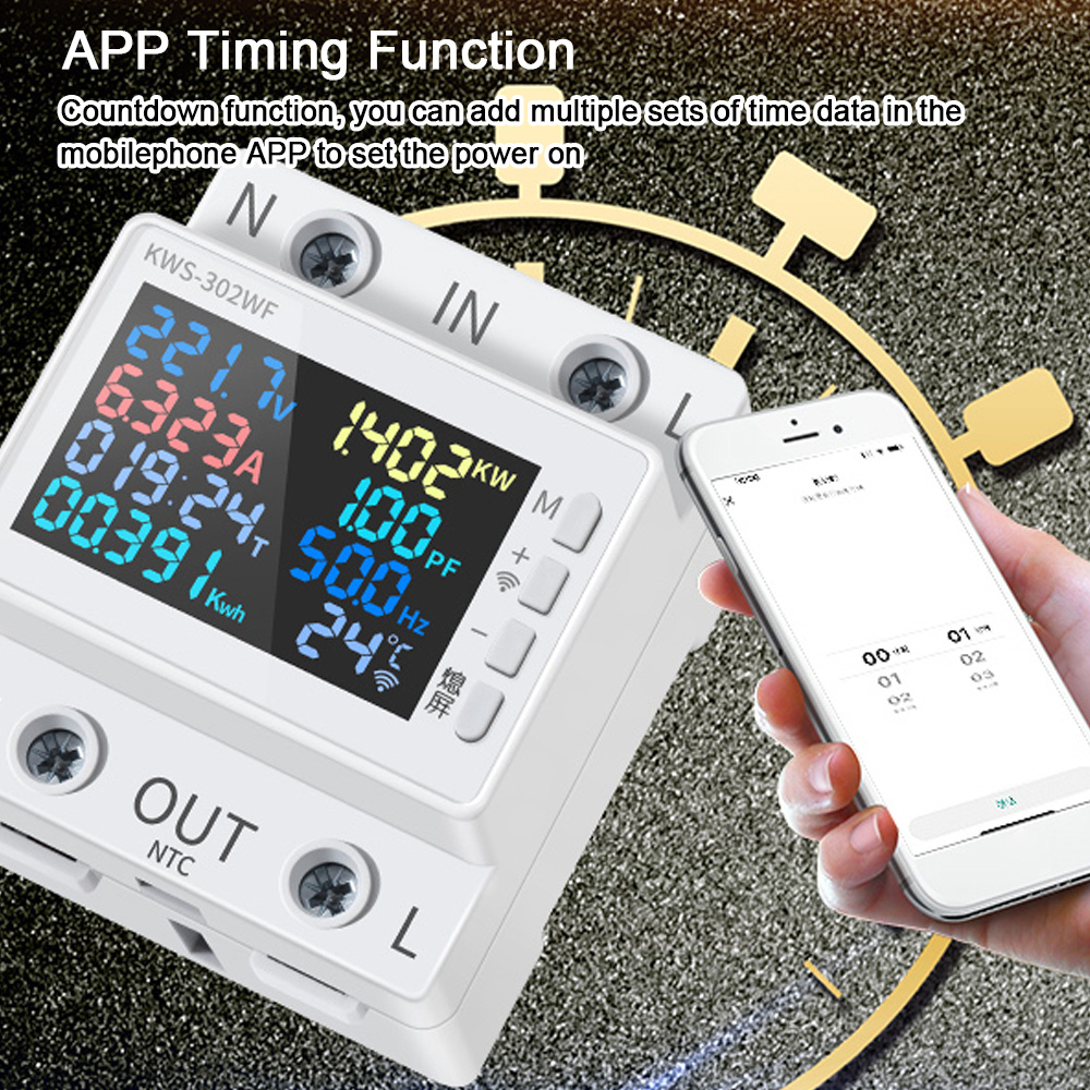 8in1 Power Meter Color Screen 2P Multi-function AC Energy Meter 170-270V/63A Voltage and Current Meter Standard Rail Mounting