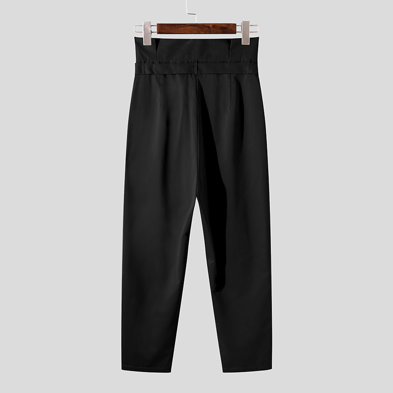 Men High Waist Chino Belted Pants Casual Slim Fit Harem Work