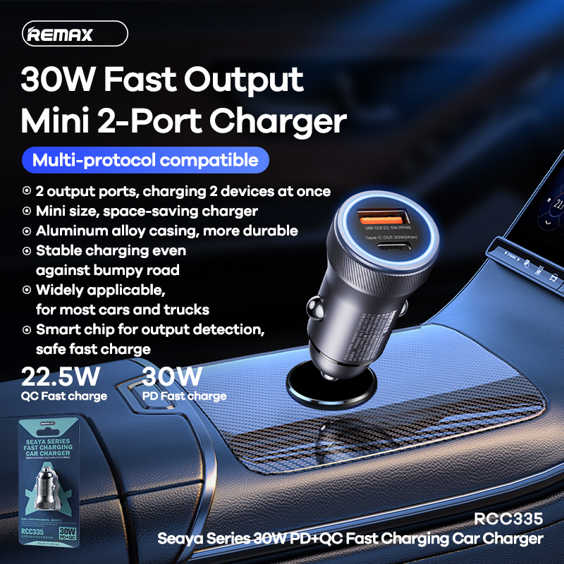 for REMAX RCC335 30W 2-Port USB Car Charger Adapter 22.5W USB-A QC 30W Type-C PD Fast Charging with Blue LED for iPhone 13 14 14Pro 14Pro Max for Huawei Mate50 for Samsung Galaxy S23 for Xiaomi 13pro
