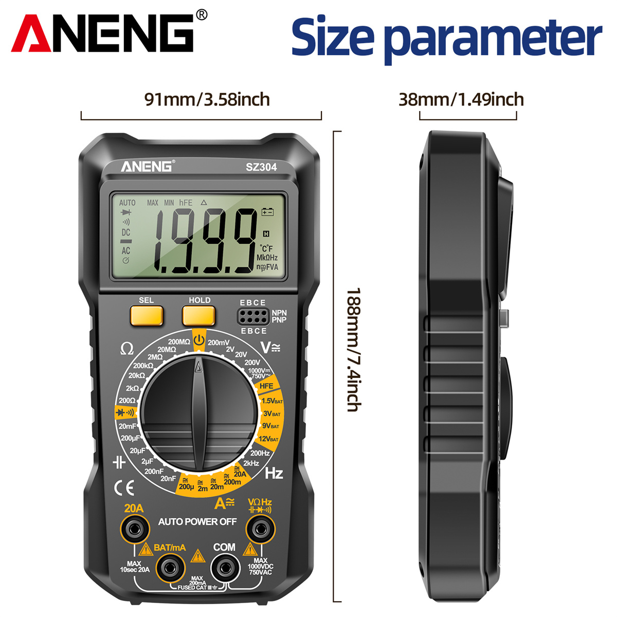 ANENG SZ304 Digital Multimeter, Durable ABS Body, Accurate Measurement of Voltage Current Resistance Capacitance Frequency with Diode Data Retention & Automatic Shutdown Essential Tool for Electrical Testing and Troubleshooting