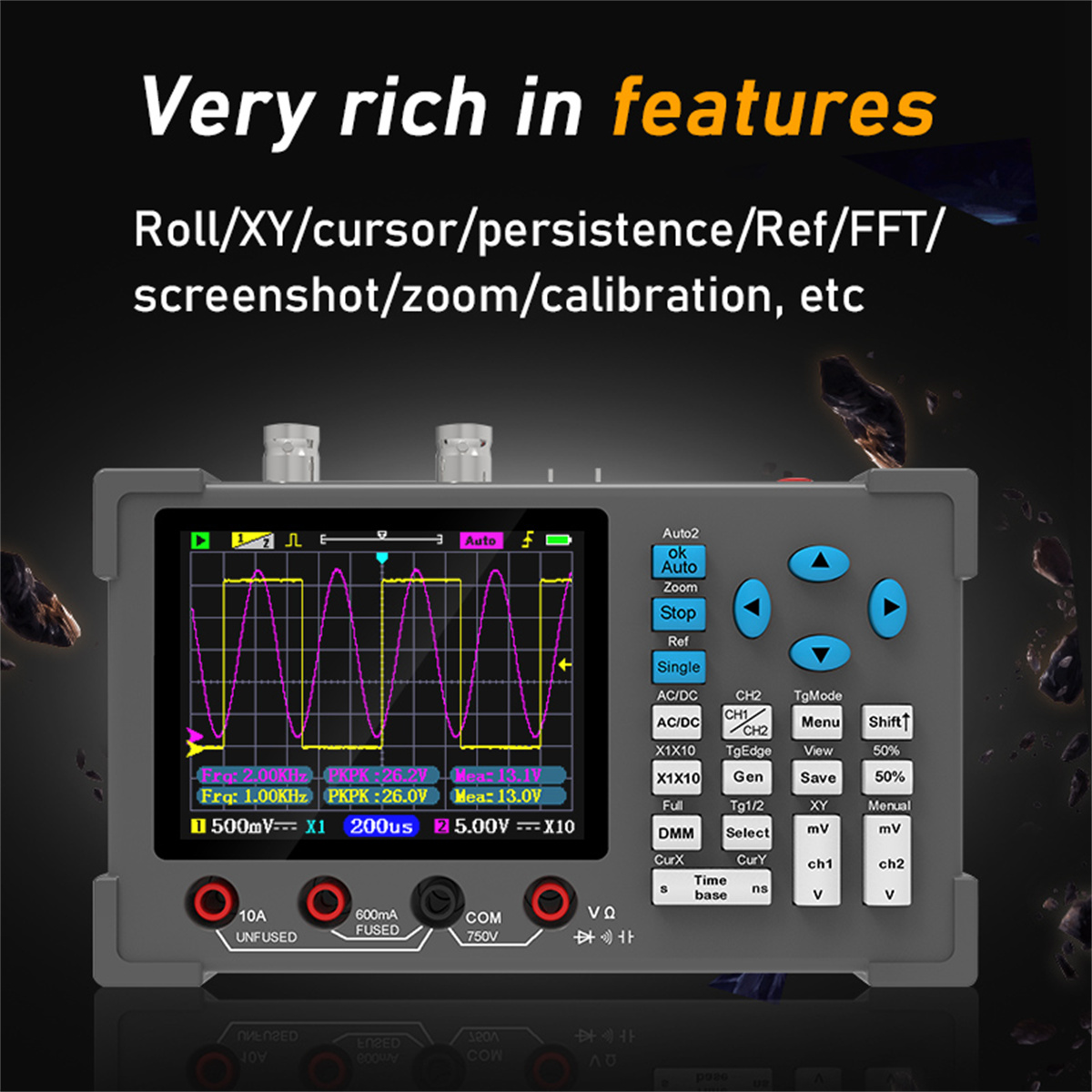 3 in1 Digital Oscilloscope Multimeter Signal Generator 120MHz IPS Display Dual Channel FFT Zoom Mode Portable Testing Tool