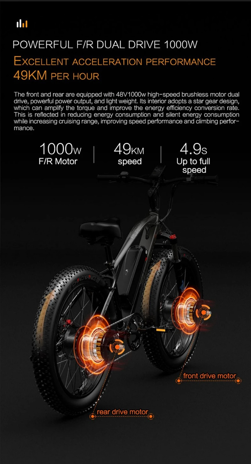 [US DIRECT] LANKELEISI MG740 PLUS 48V 20Ah 1000W*2 Dual Motor Electric Bicycle 26*4.0 Inch 100-120KM Mileage Range Max Load 180KG