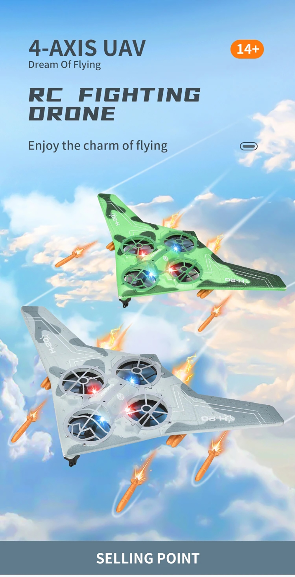 4XRC V19 B2 Bomber 330mm Wingspan 2.4GHz EPP 4-Axis UAV Four-rotor RC Airplane Warbird Glider RTF Support Headless Mode With LED Lights