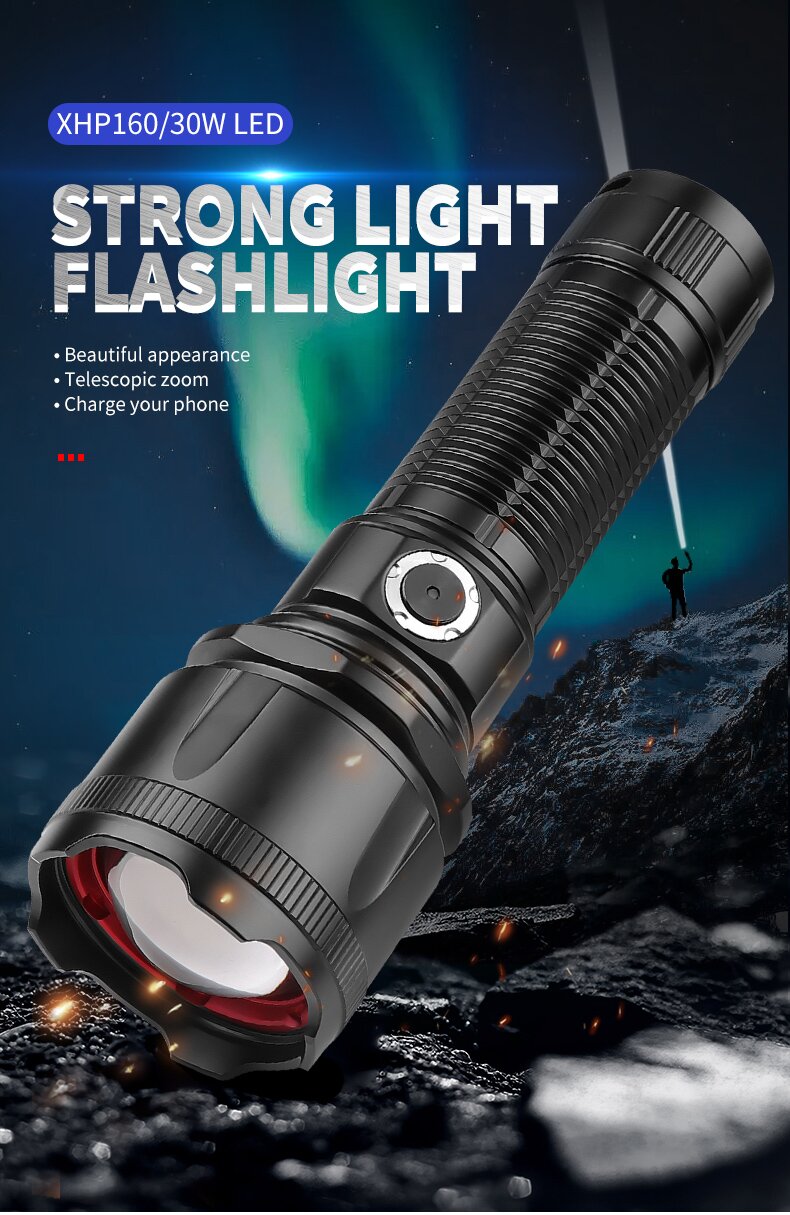 XHP160 30W Strong Light LED Flashlight Long Range Metal Switch Zoom Outdoor Powerful LED Torch